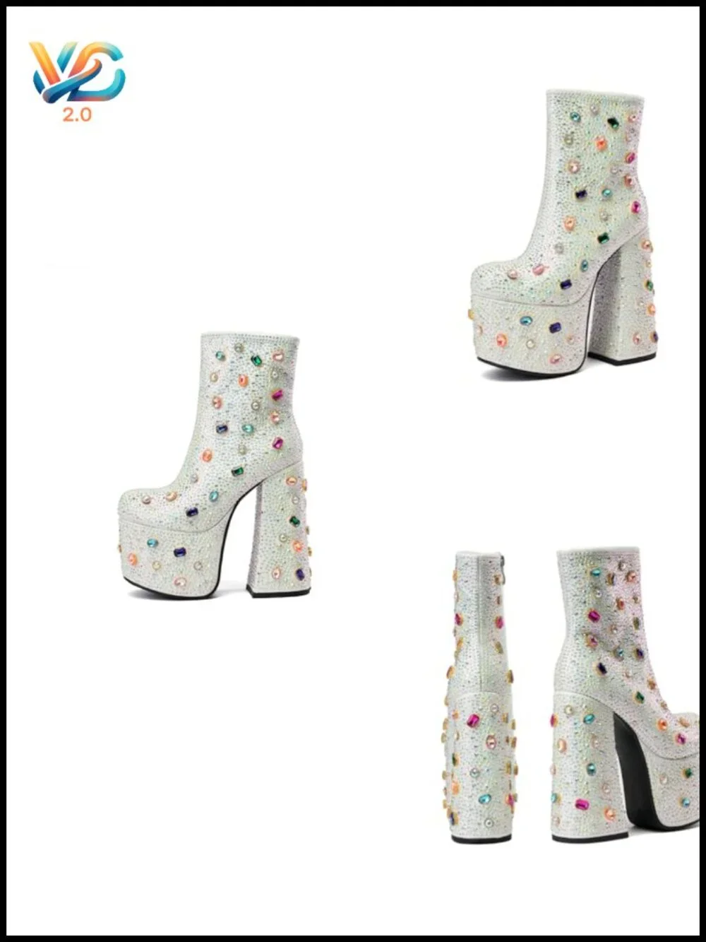 Rhinestone Platform Ankle Boots with Chunky Heel, Round Toe for Party &